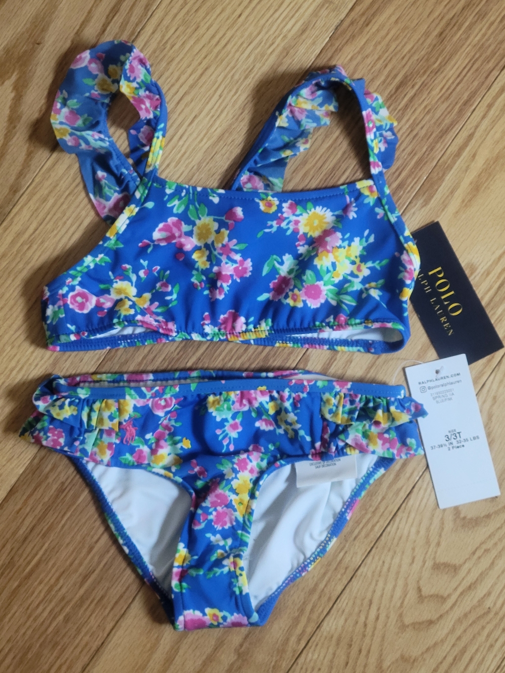 NWT Ralph Lauren Polo Girls Blue Floral Two-Piece Swimsuit, Size 3T